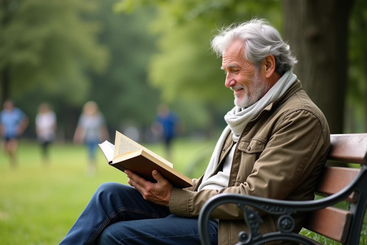 Homme senior lisant un livre sur les remèdes naturels en plein air