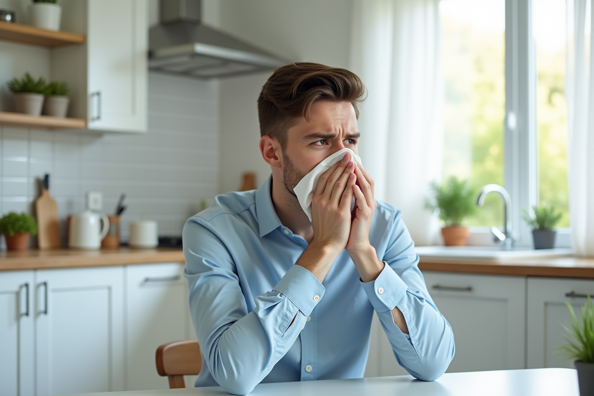 Jeune homme malade tenant un mouchoir en cuisine