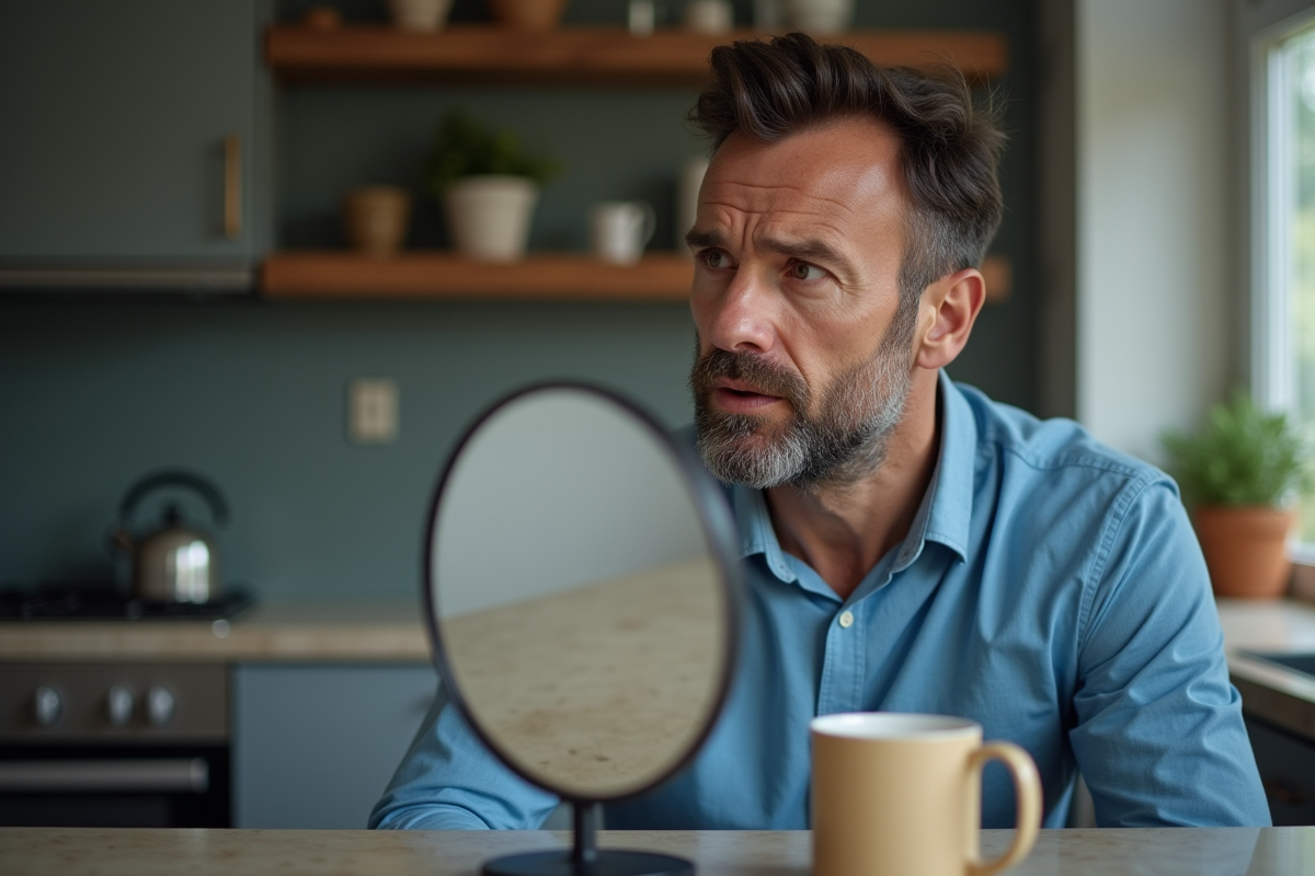 Homme de 35 ans regardant dans un miroir en cuisine