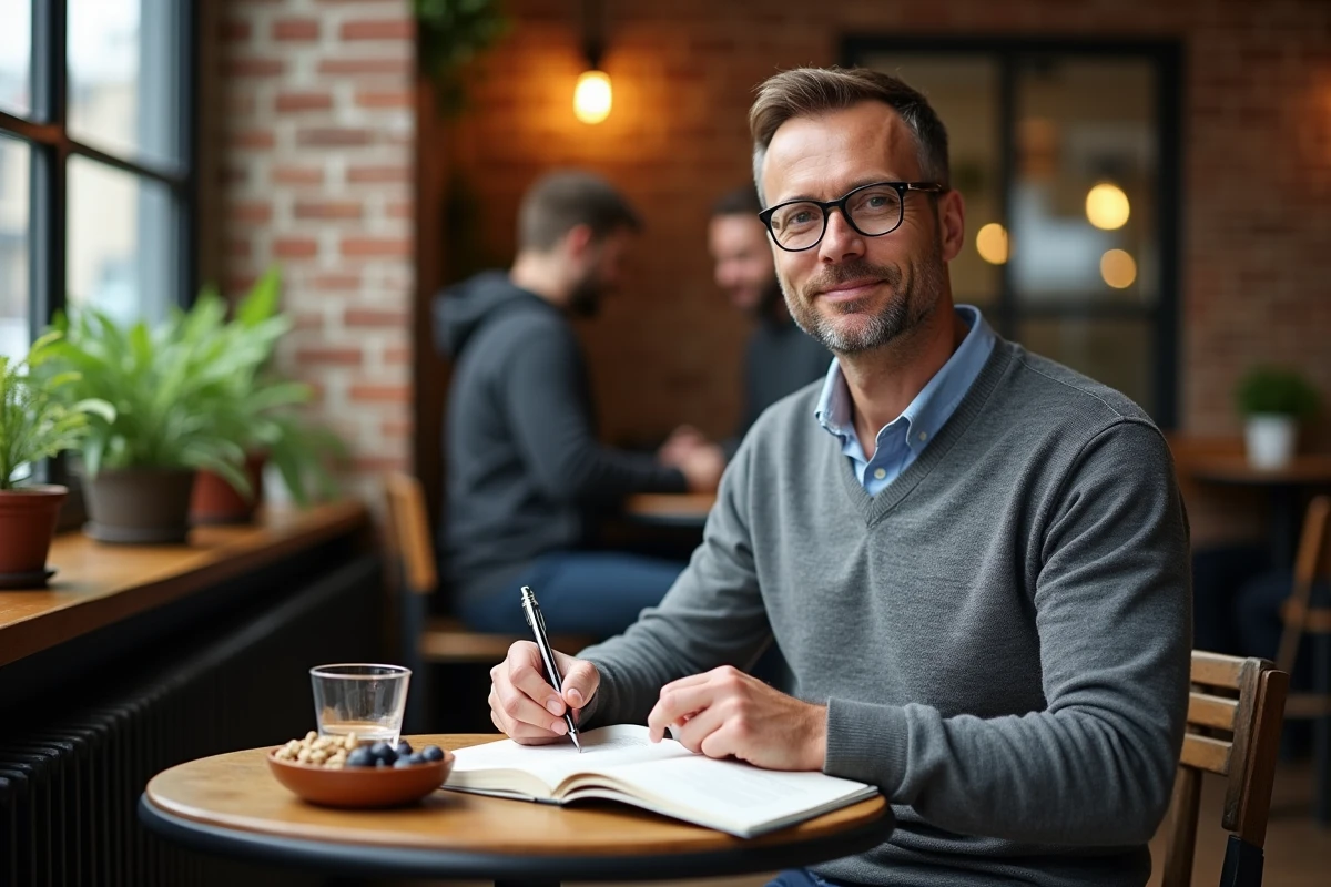 Homme consultant un livre de nutrition sur les composés alimentaires dans un café, entouré d'aliments naturels et de notes