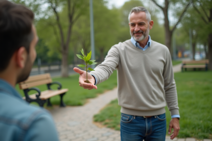 Homme d'âge moyen offrant une jeune plante verte en plein air