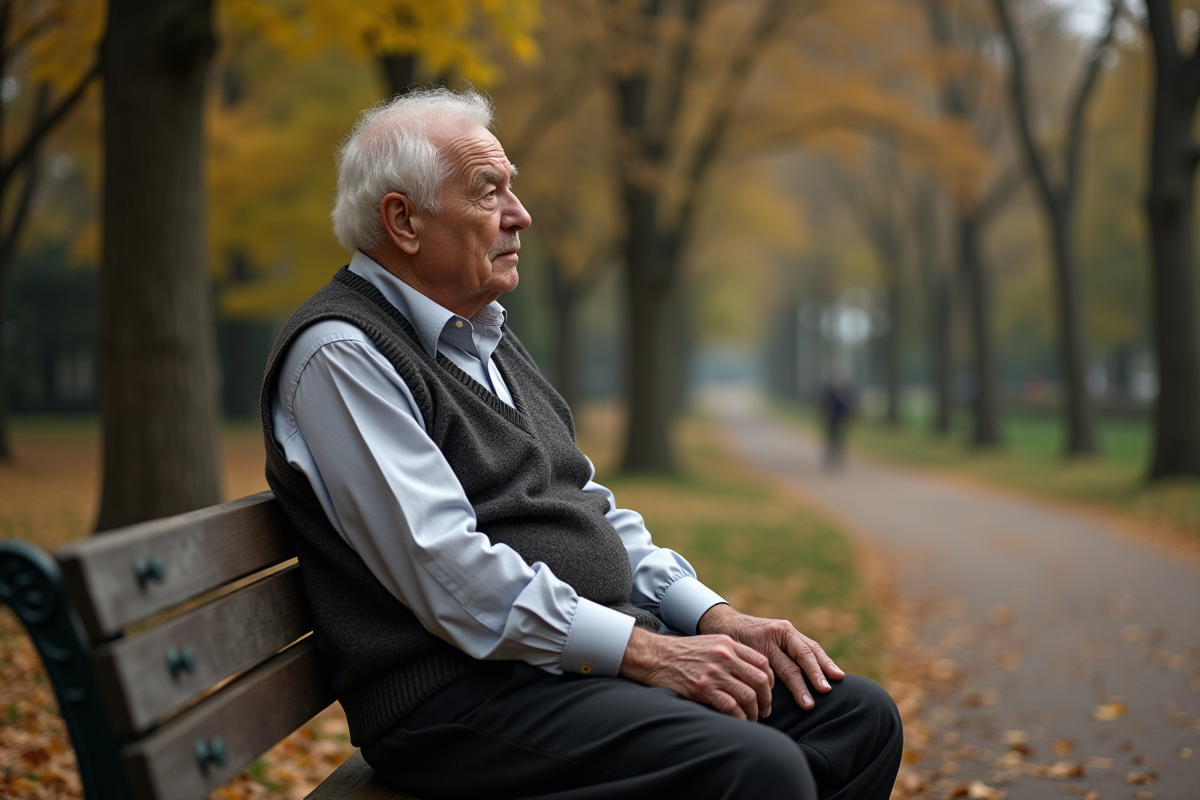 Homme âgé assis sur un banc dans un parc automnal
