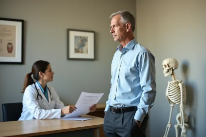 Homme de petite taille en consultation médicale avec un médecin, illustration de la réalité clinique du nanisme