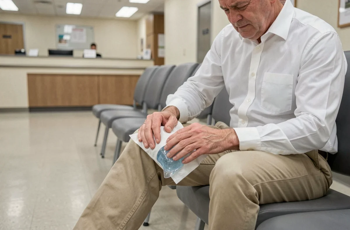 Homme appliquant une poche de glace sur un genou enflé en salle d'attente hospitalière