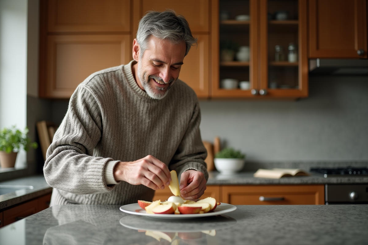 Homme en cuisine préparant des pommes et du yogourt