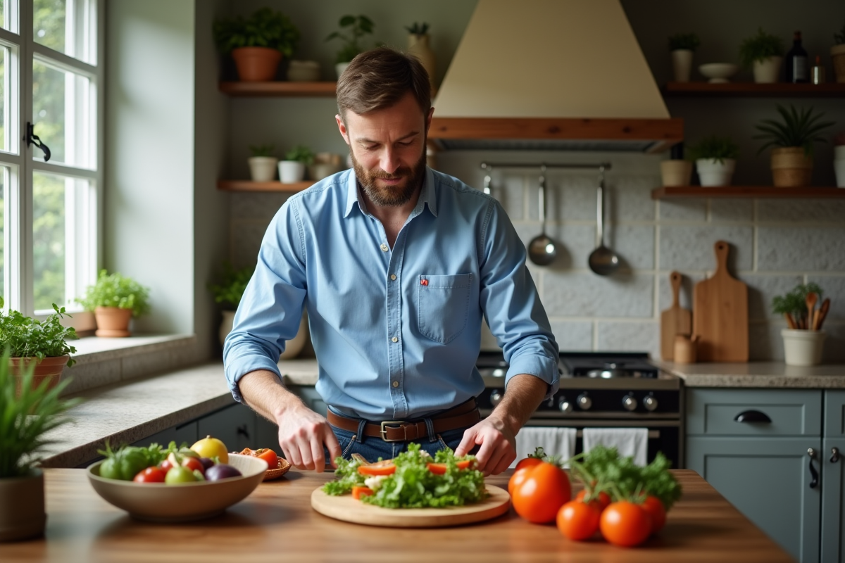 Homme préparant une salade colorée dans la cuisine