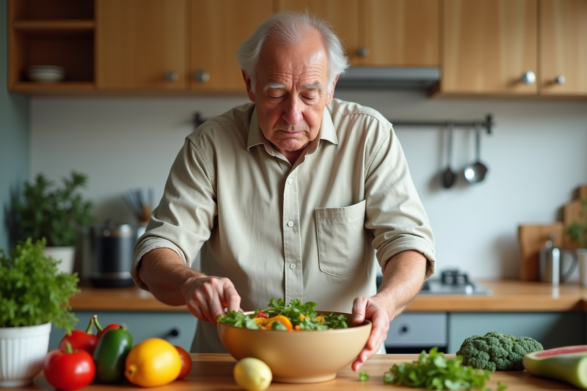 Homme âgé prépare une salade dans la cuisine