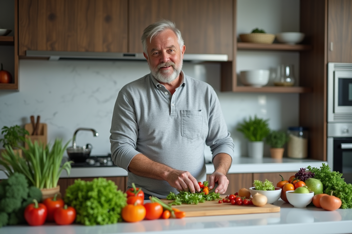 Homme préparant une salade colorée dans une cuisine moderne