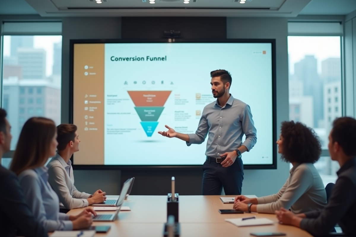 Jeune homme présentant un diagramme de conversion en réunion