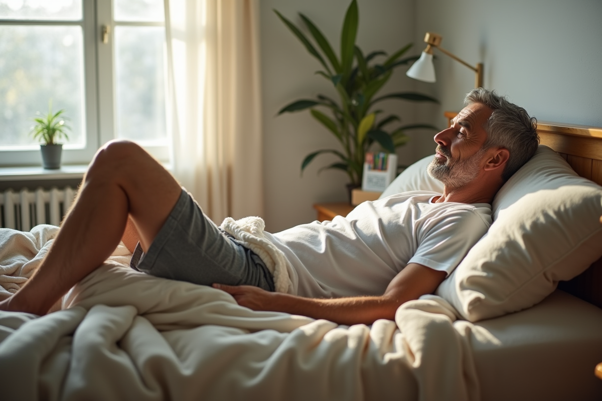 Homme détendu dans son lit avec soleil et plantes d
