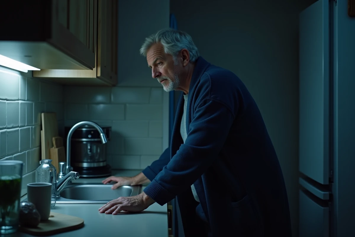 Homme en robe de chambre debout dans une cuisine la nuit, souffrant d'inconfort dû au reflux acide nocturne