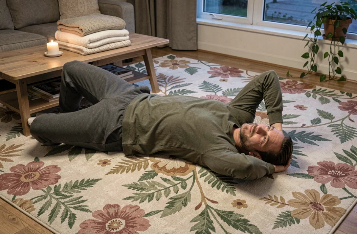 Homme allongé sur un tapis Champ des Fleurs dans un salon chaleureux dans le cadre d'un rituel de relaxation nocturne