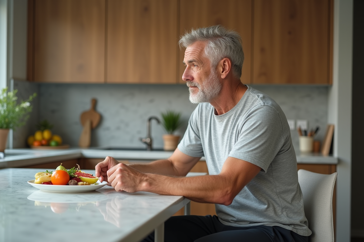 Homme senior en vêtements décontractés regardant un plat sain dans la cuisine