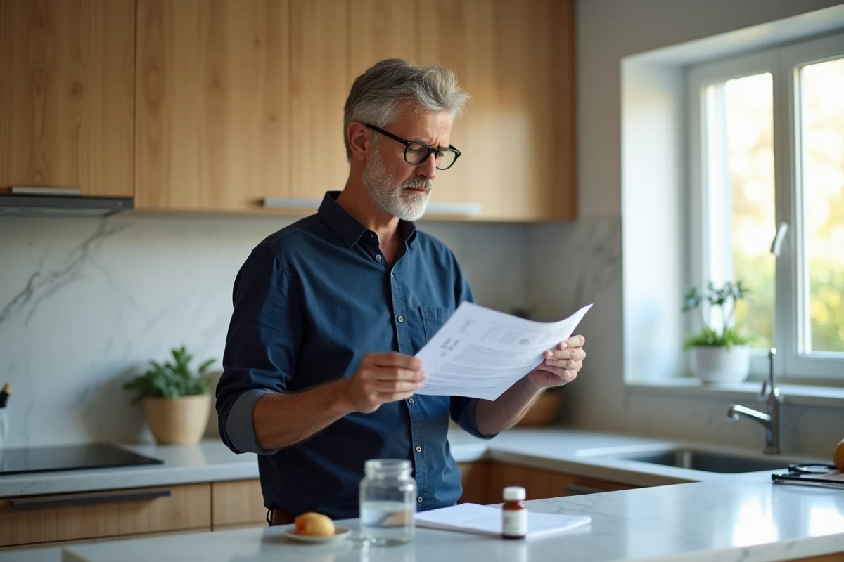 Homme d'âge mûr lisant ses résultats d'analyses sanguines révélant des transaminases anormales dans sa cuisine