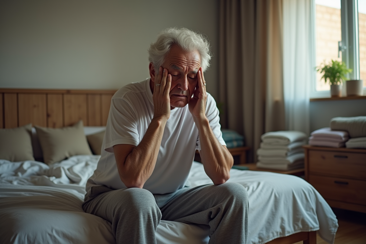 Homme d age moyen assis sur le lit en se frottant les yeux