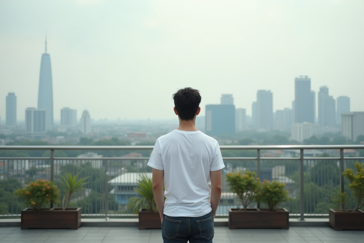 Jeune homme contemplant la ville depuis une terrasse en hauteur