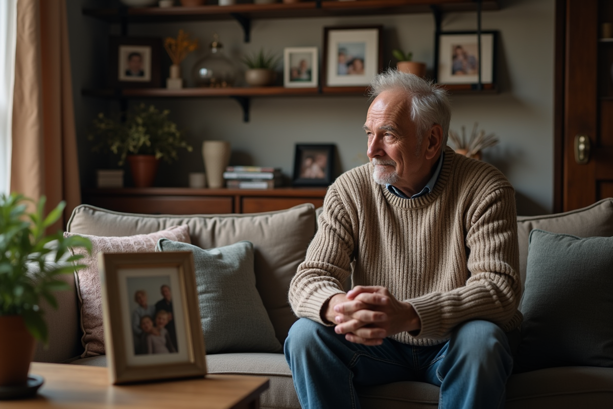 Homme âgé en pull en laine regardant des photos de famille