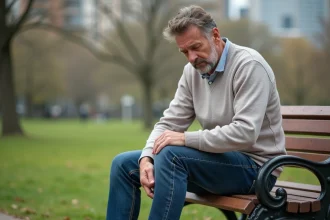 Homme d'âge moyen assis dans un parc avec un genou gonflé