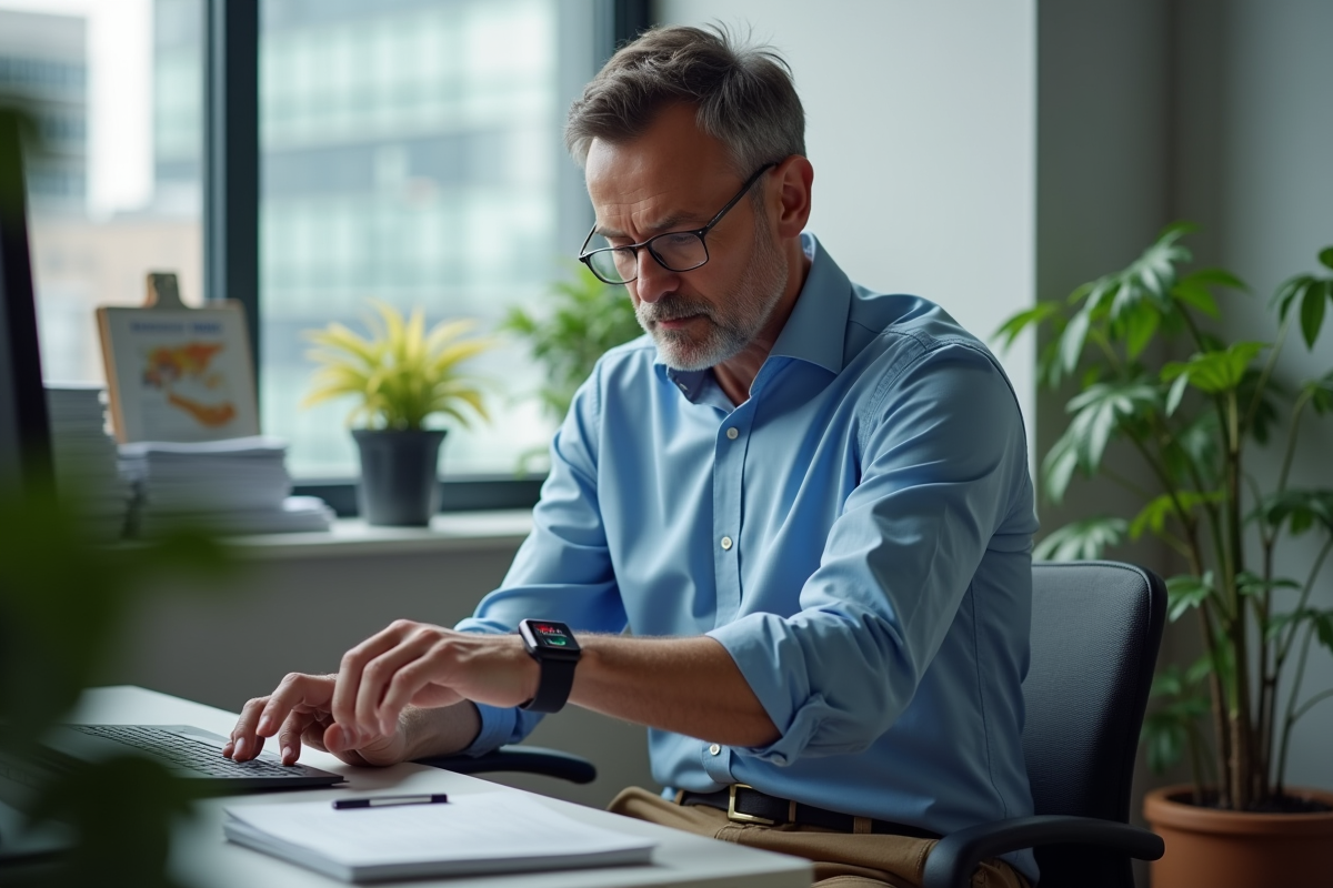 Homme d age moyen regardant sa montre connectee au bureau