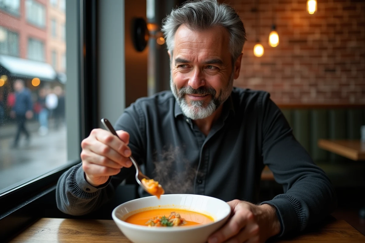 Homme dégustant une soupe de carottes au gingembre dans un café urbain, repas léger et sain pour contrôler l'apport en glucides