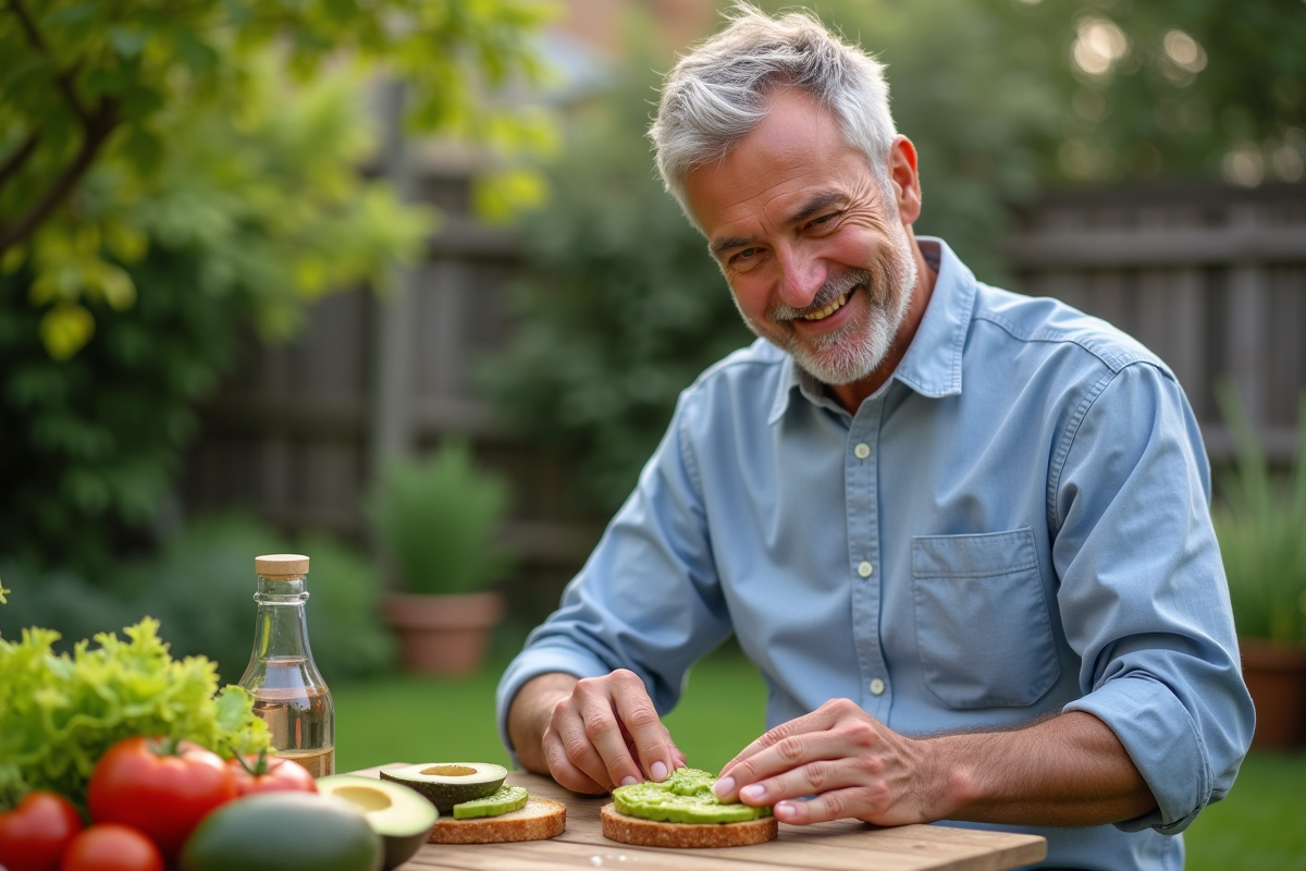 Homme étalant de l avocat sur du pain keto dans le jardin