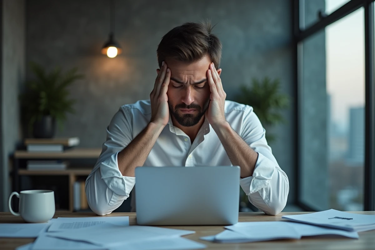 Homme souffrant de stress chronique intense à son bureau, illustrant les effets neurologiques et cognitifs du stress prolongé