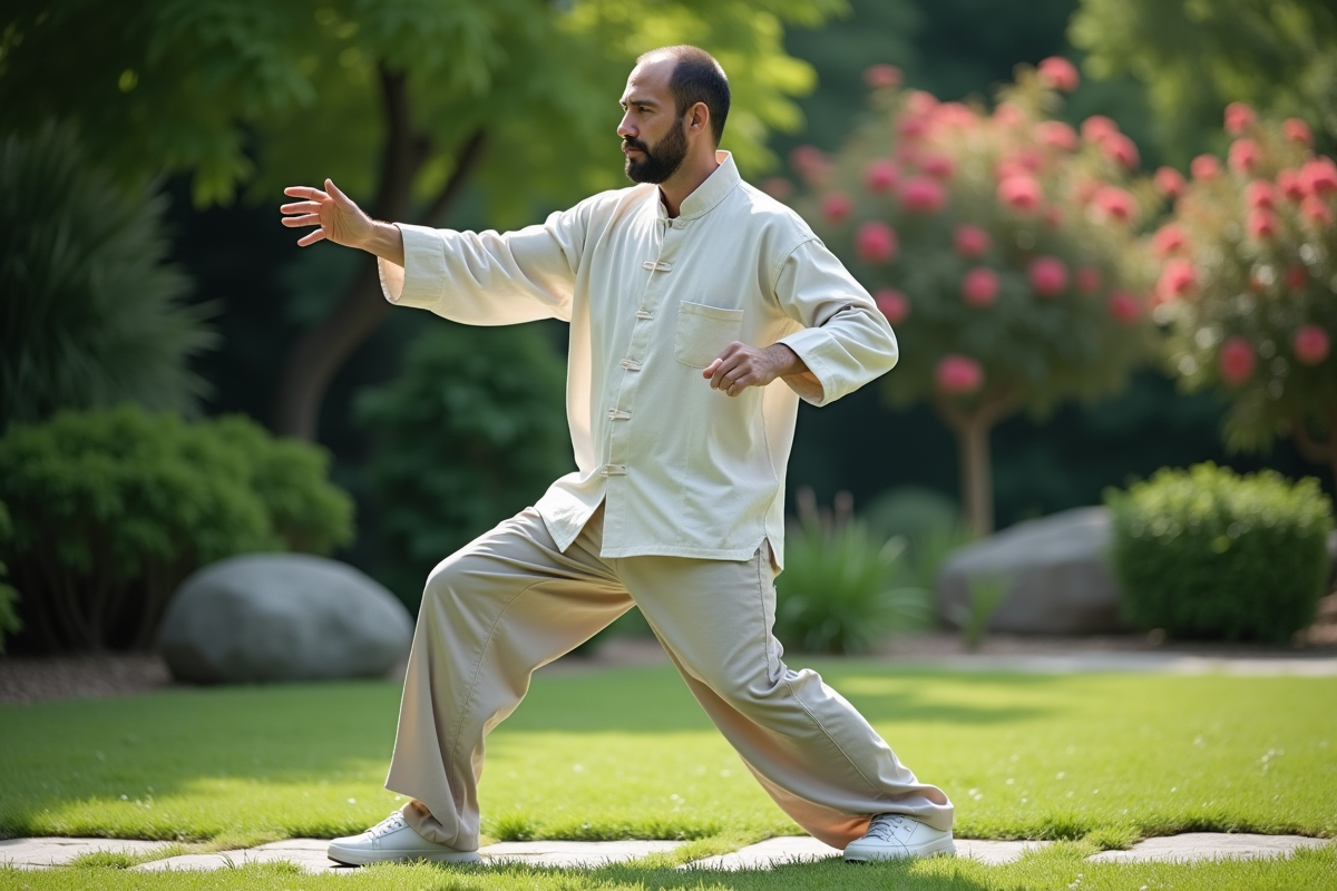 Homme pratiquant le tai chi dans un jardin calme
