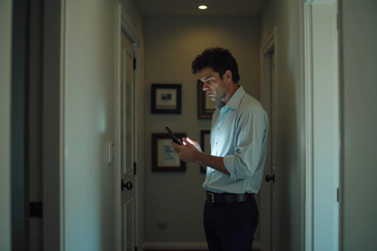 Homme concentré sur son smartphone dans un couloir d