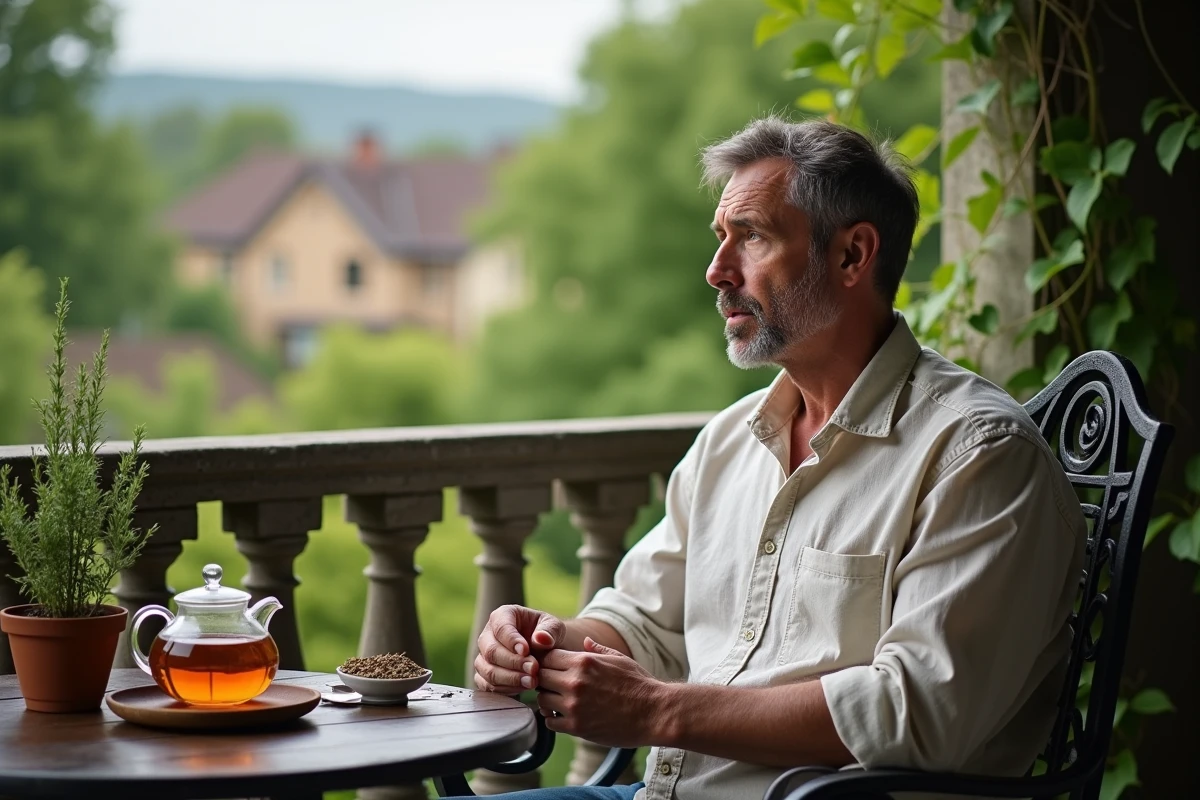 Homme contemplant une infusion de thym sur un balcon ensoleille