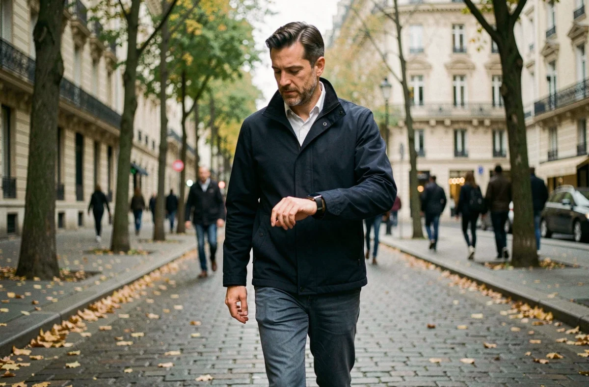 Homme parisien consultant son bracelet connecté de suivi santé en marchant dans une rue haussmannienne