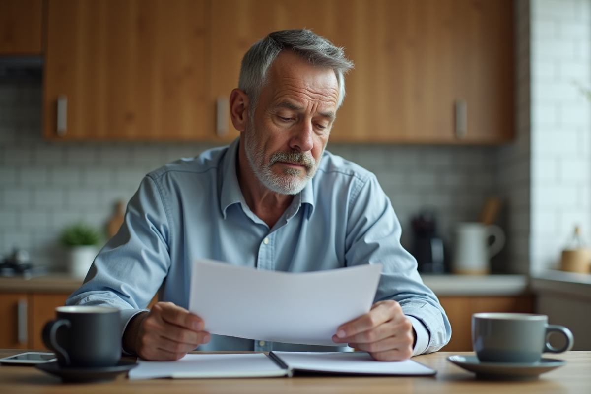 Homme à la maison consulte ses notes de traitement