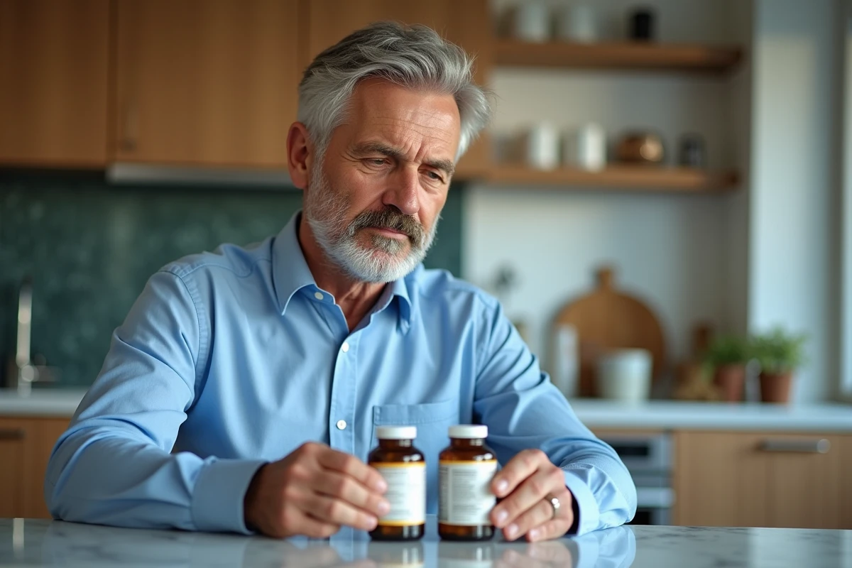 Homme comparant deux bouteilles de compl&eacute;ments alimentaires