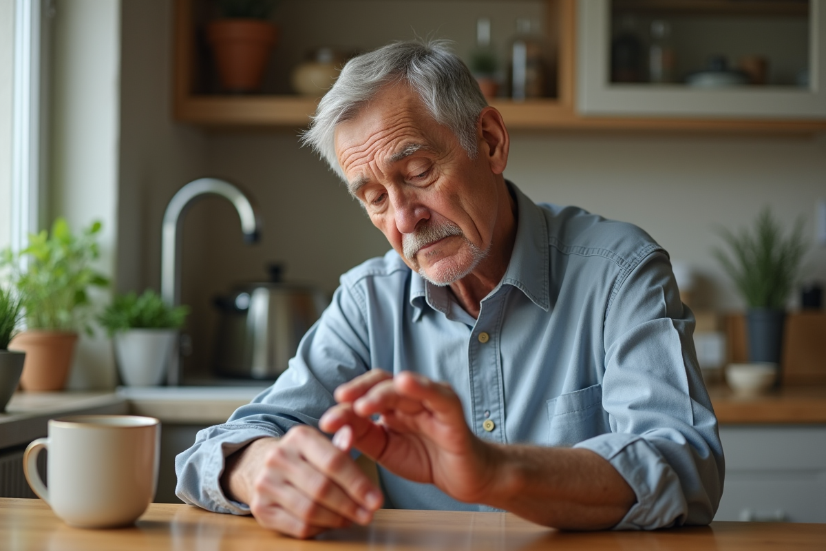 Homme âgé observant sa peau irritée à la maison