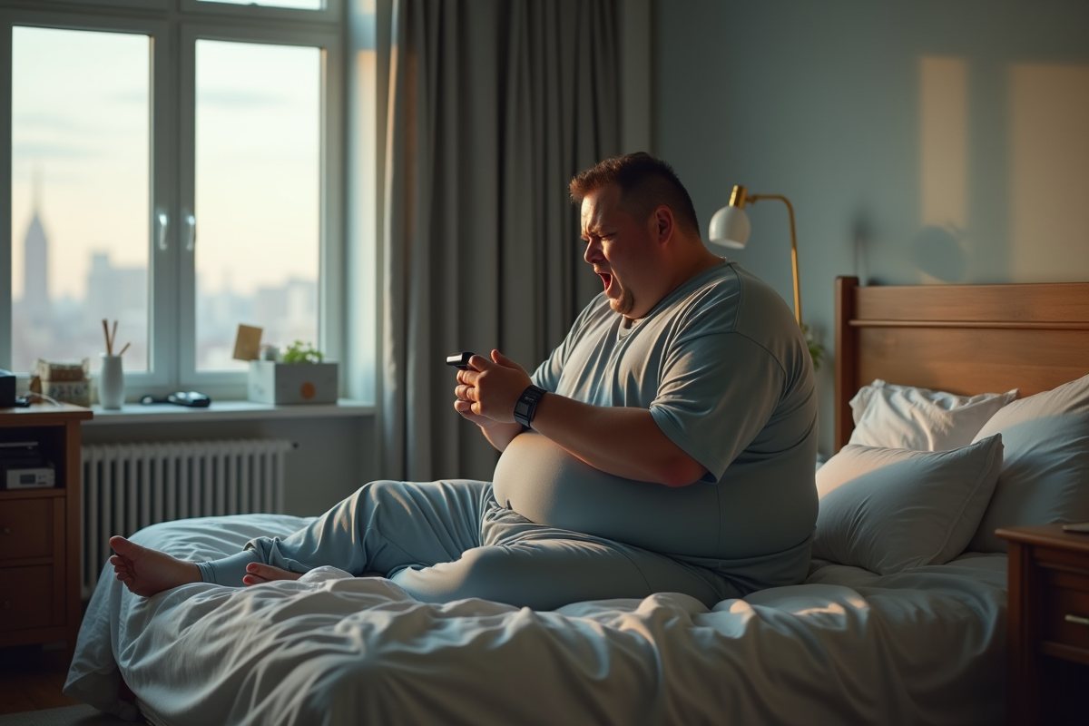 Homme en loungewear se réveillant dans sa chambre désordonnée