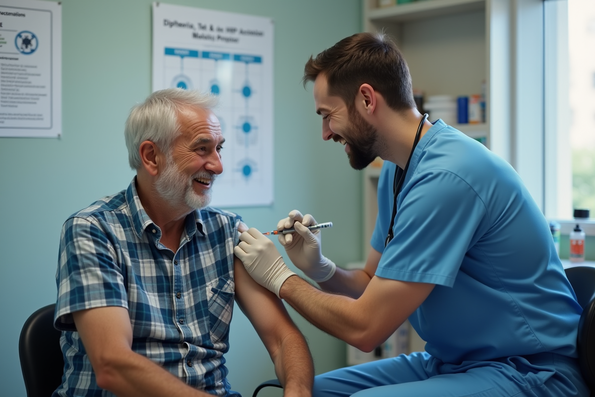 Infirmier administre un vaccin à un homme âgé souriant