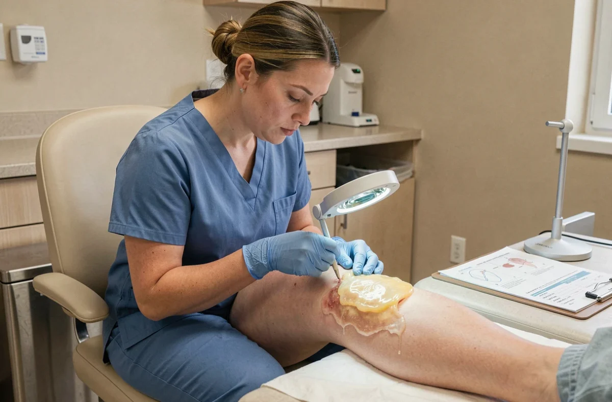 Infirmière spécialisée en soins de plaies examinant une plaie post-opératoire avec fibrine jaune sur la jambe d'un patient