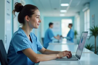 Infirmière utilisant le logiciel C.netsoins sur un ordinateur portable à un poste de soins hospitalier