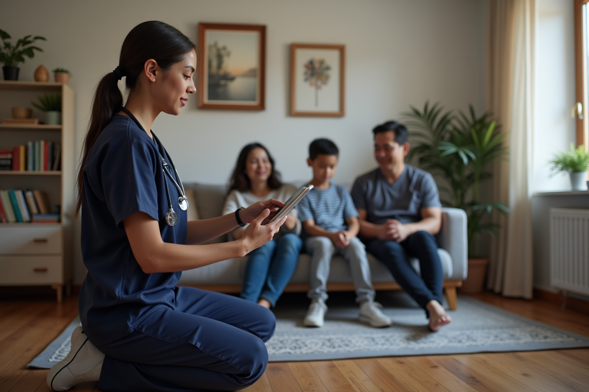 Infirmiere en scrubs explique telemedecine a une famille
