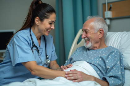 Infirmière aidant un patient âgé dans une chambre d'hôpital