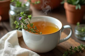 Tasse d'infusion de thym dorée avec des brins de thym frais posés sur le bord, sur une table en bois rustique