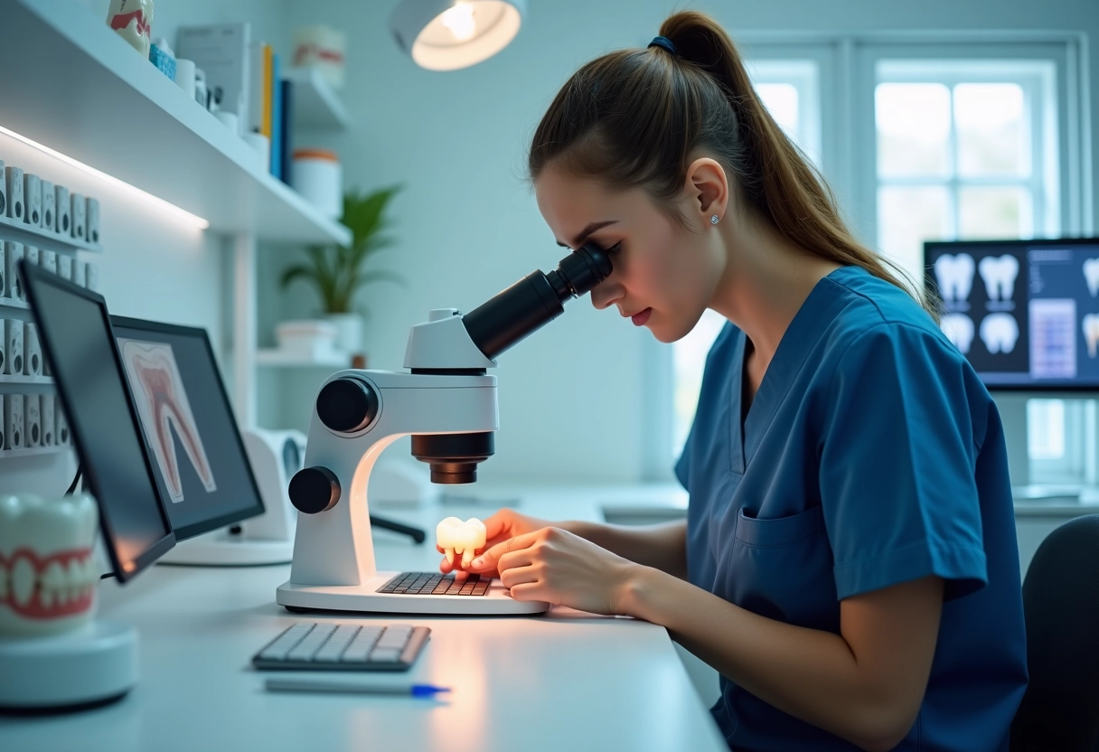 Jeune ceramiste dentaire évaluant une couronne avec microscope