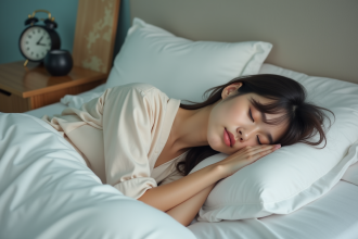 Jeune femme dormant paisiblement dans son lit moderne