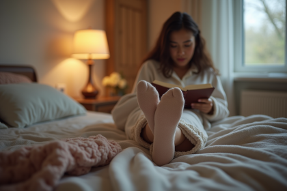Jeune femme lisant dans son lit avec pyjamas confortables