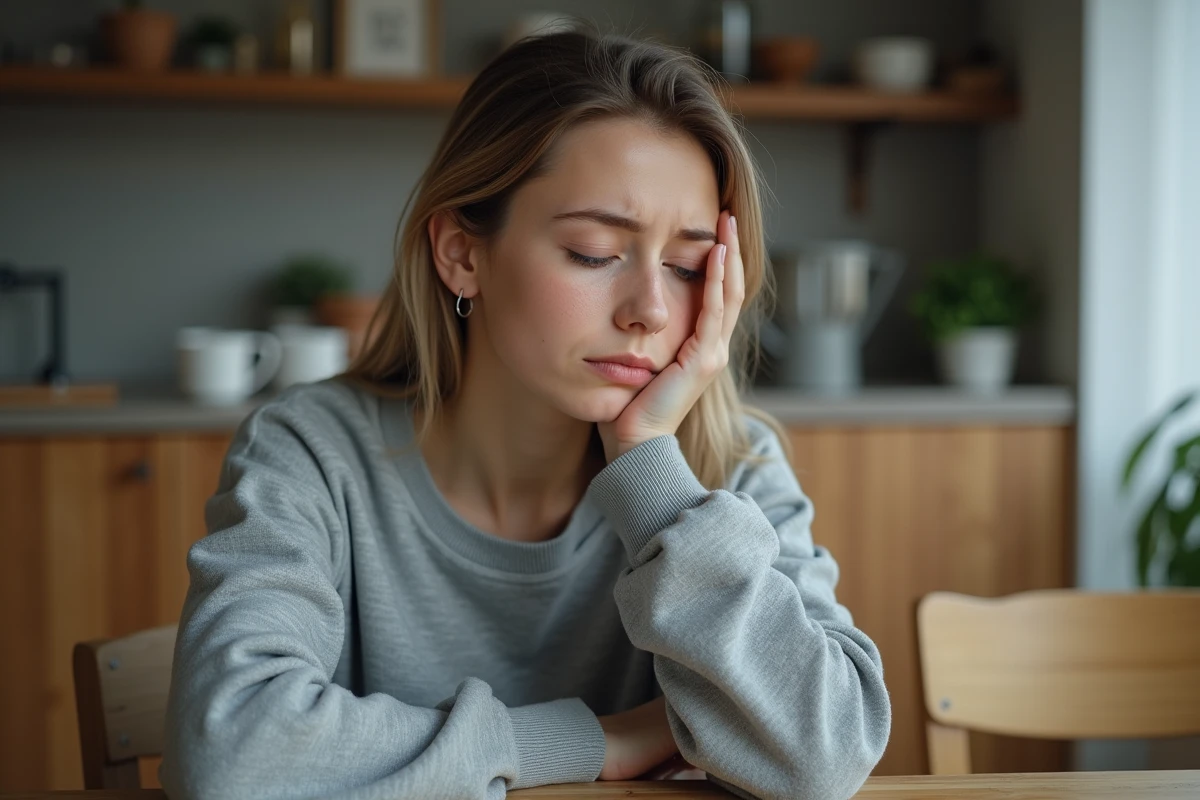 Jeune femme en sweatshirt gris avec douleur visage