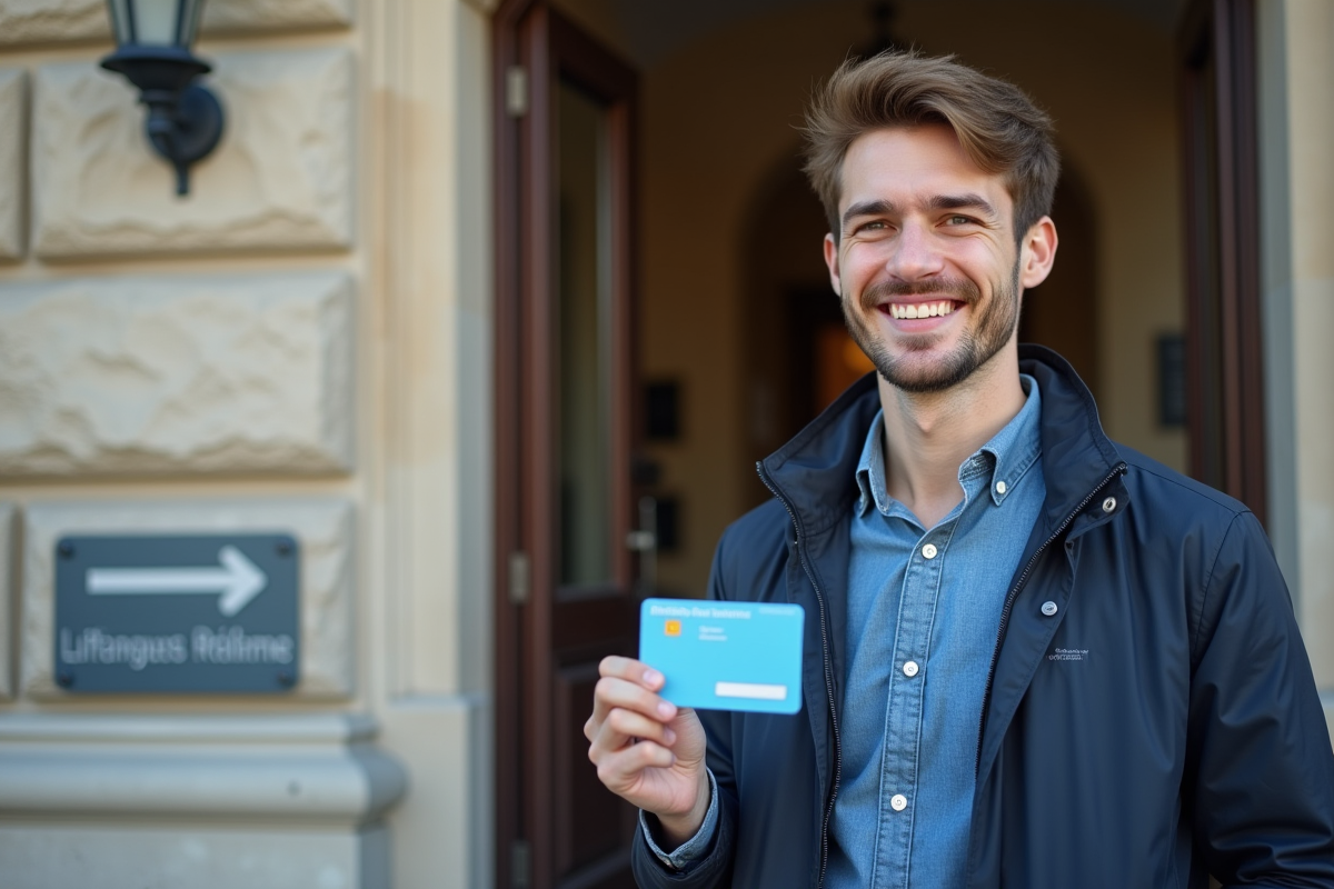Jeune homme avec carte santé devant bâtiment administratif