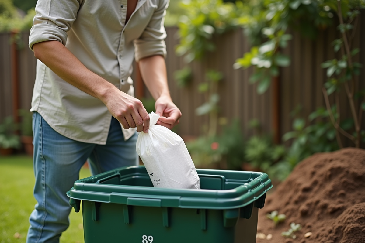Jeune homme déposant un sac biodégradable dans un composteur extérieur