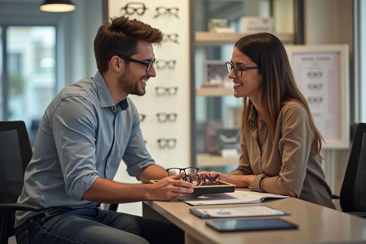 Jeune homme en consultation avec une opticienne dans un magasin de lunettes