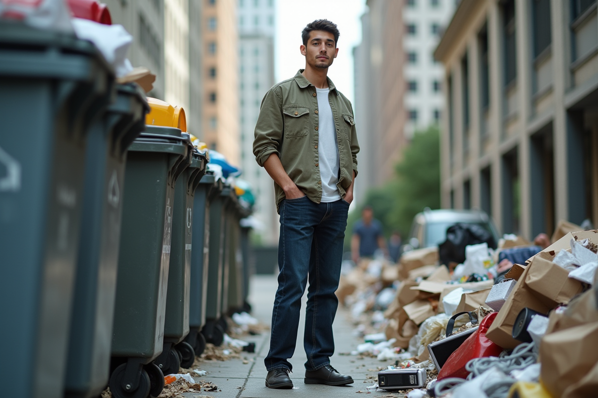 Jeune homme en tenue de travail devant des déchets urbains