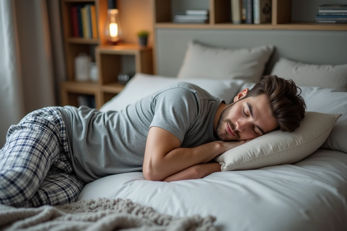 Jeune homme dormant dans un lit moderne