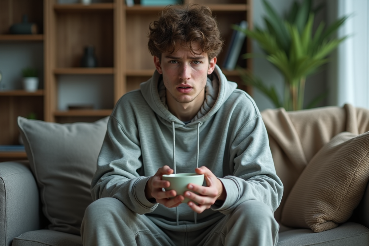 Jeune homme assis sur le canapé avec un bol et expression fatiguée